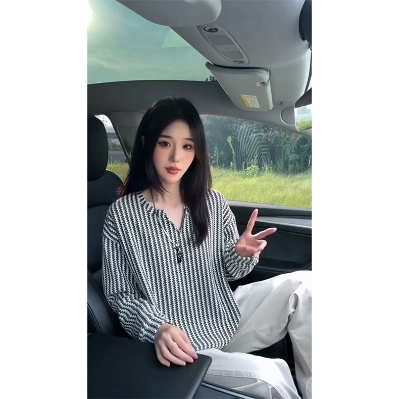 美式高街千鸟格子长袖T恤男女亨利V领英伦雅痞休闲宽松长袖打底衫，男装T恤，电商A443