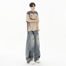 美式复古水洗破洞阔腿牛仔裤女春秋新款设计感宽松L9005/P78，女装牛仔裤，星座506