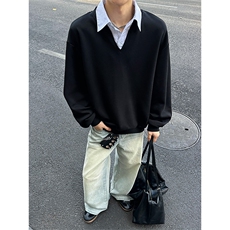 高级感假两件美式知识分子条纹V领休闲卫衣男C64136-TP4079，男装卫衣，电商A102