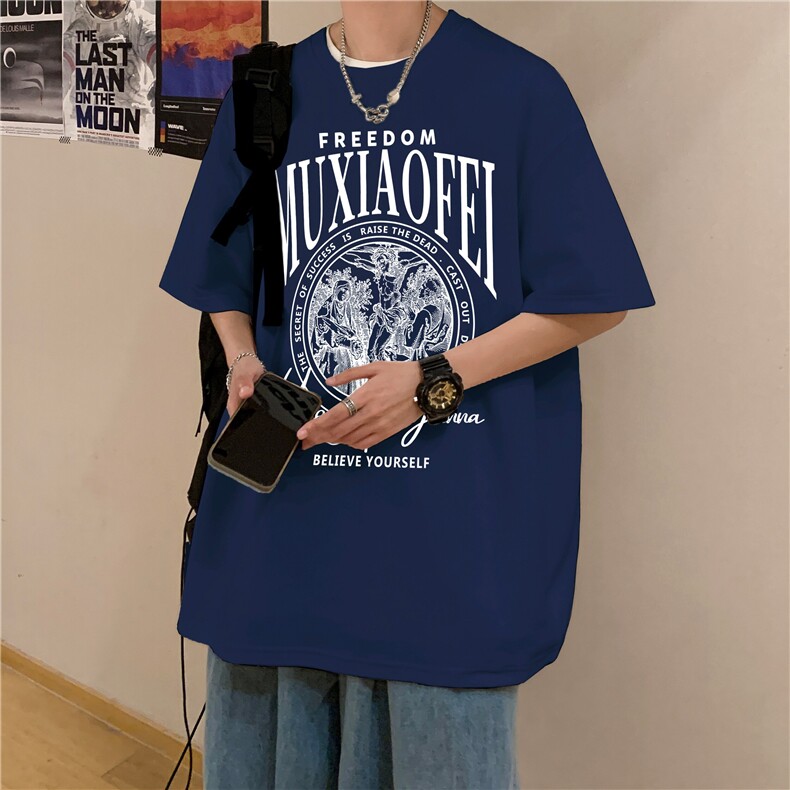美式短袖t恤男夏季大码复古字母印花内搭宽松oversize纯棉体恤衫，男装T恤，电商019-1