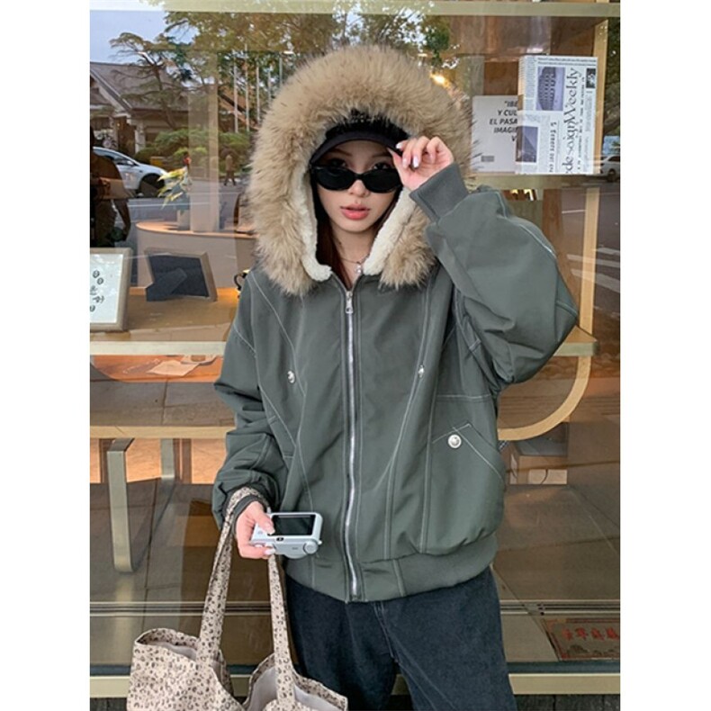 派克服羽绒棉服女仿兔毛大毛领连帽棉衣冬外套 MF2508图片