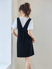 盐甜系蕾丝拼接假两件黑色连衣裙女夏2025新款独特漂亮减龄中长裙，女装连衣裙，韩蔻秀