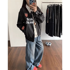潮条纹撞色短款外套男女美式复古2024初秋新款情侣夹克上衣，男装衬衫，星座506A