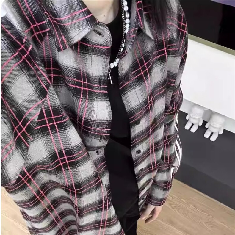 CS920-P38美式高街格纹衬衫男女2025春季新款字母刺绣情侣长袖,男装衬衫,电商B323A