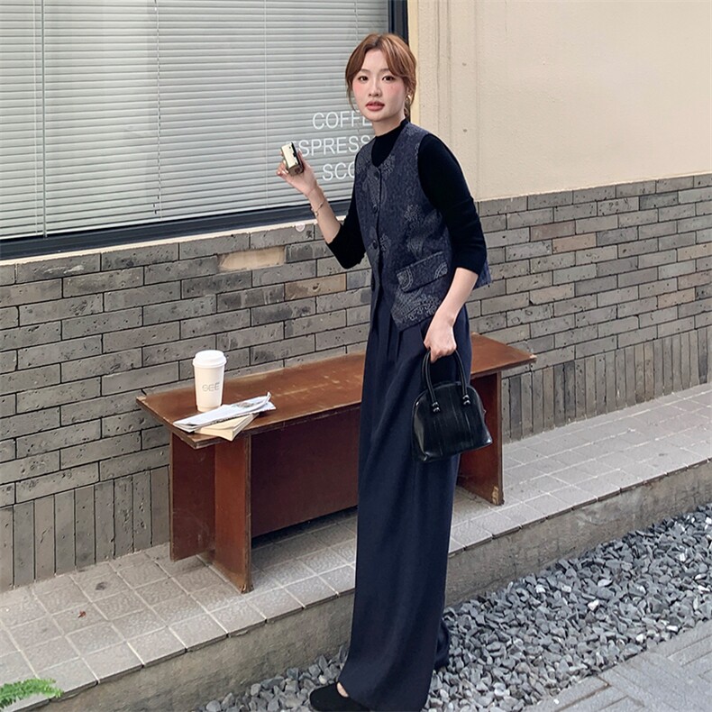 新款复古印花马甲阔腿裤三件套,女装套装/套裙,2D075