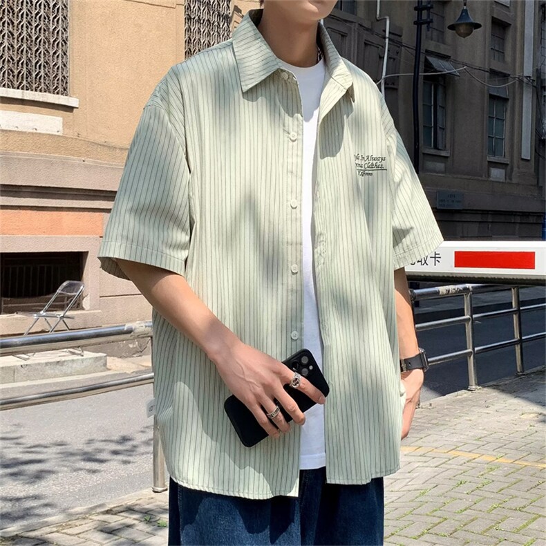 新款条纹半袖衬衫男士夏季新款港风短袖衬衣宽松潮牌外套A04-P30,男装衬衫,星座1008