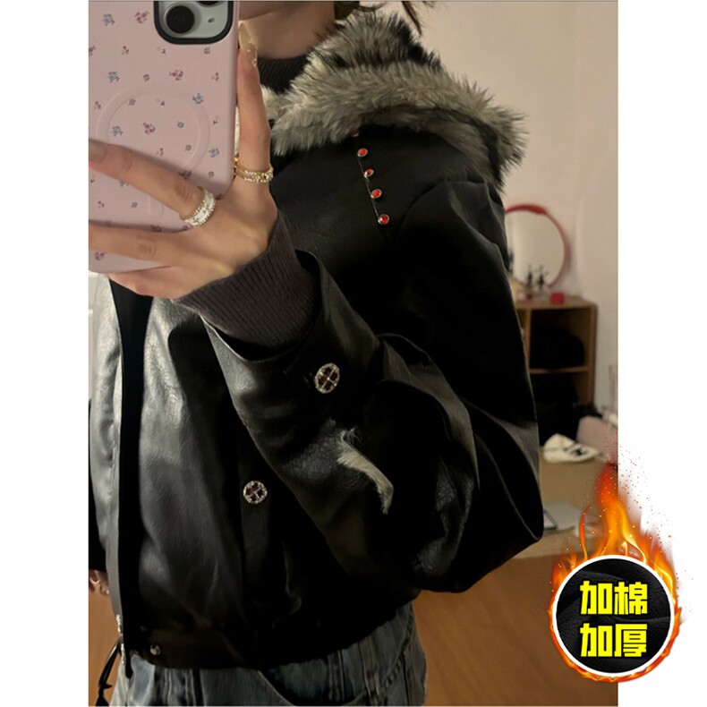 现货冬季美式潮牌痞帅PU皮机车服棉衣毛毛绒狼王座山雕皮棉服,男装棉衣,电商A486-1