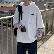 港风秋款男卫衣假两件圆领格子连帽套头贴标卫衣休闲外套wy10P45，男装卫衣，星座1013-1