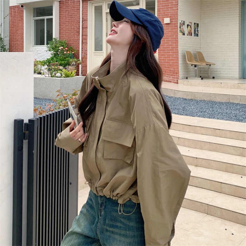 美式复古工装风衣短外套女春秋2025新款慵懒风chic夹克上衣小个子,女装短外套,2D143