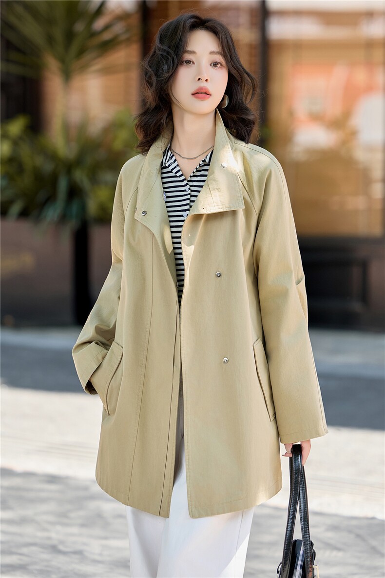 藏青色气质中长款风衣外套女2025新款高级感显瘦休闲大衣,女装风衣,英标秀（1C119）