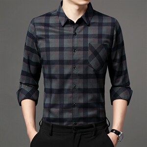 格子衬衫男长袖2023秋季新款休闲百搭衬衣中年商务时尚男装图片