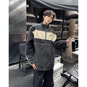 皮衣男士韩版潮流美式高街拼色帅气2024秋冬新款ins外套W6052-P75图片