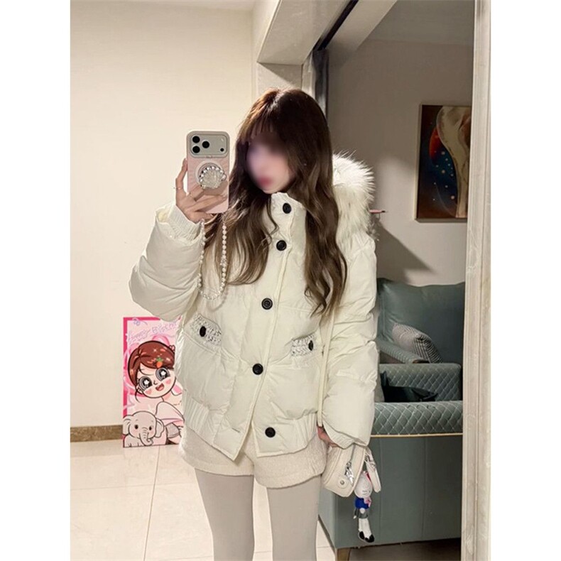1506-1/M79151/P99白色连帽毛领棉服宽松保暖百搭氛围感棉衣男女图片