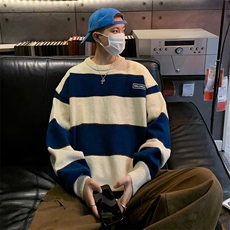 条纹撞色毛衣男秋冬季新款日系复古慵懒宽松休闲针织衫M-P45，男装针织衫/毛衣，星座512-4