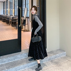 黑色金丝绒连衣裙套装女2025新款初秋高级感气质穿搭背心裙两件套，女装套装/套裙，2C111