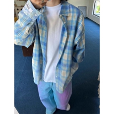 蓝色格子衬衫男女长袖同款情侣宽松2025夏ins休闲衬衣CY1096-P38，男装衬衫，星座412-3