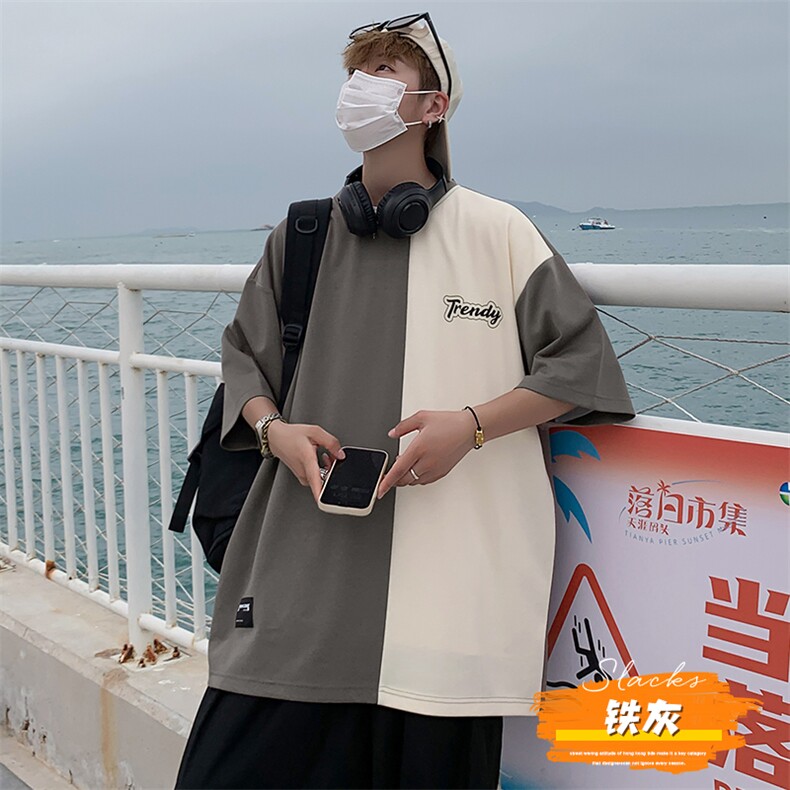 冰氧仿棉短袖港风夏季休闲百搭撞色拼接男上衣TC3155-P23控48图片