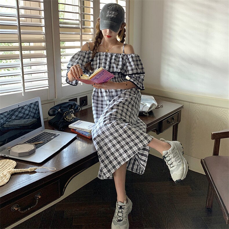法式复古格纹泡泡袖连衣裙女2024夏季新款甜美收腰一字肩过膝长裙,女装连衣裙,浙宝276（原081）