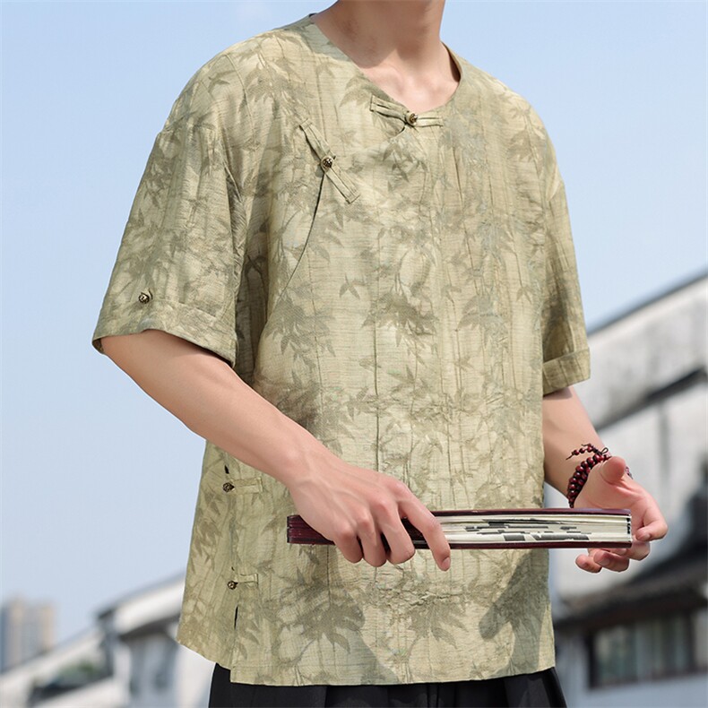 2025夏季新款风男上衣盘扣新中式唐装天丝竹叶衬衫C131-P75,男装衬衫,电商B277(原6028)
