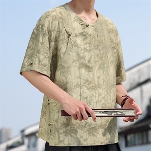 2025夏季新款风男上衣盘扣新中式唐装天丝竹叶衬衫 C131-P75图片