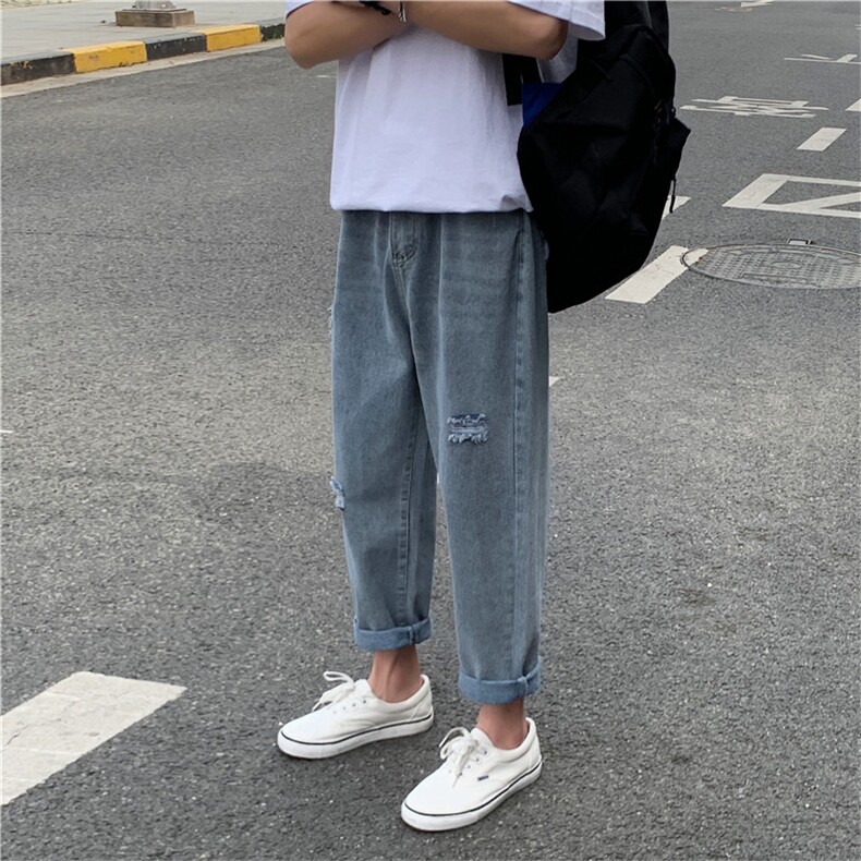 裤子男韩版潮流ins港风破洞牛仔裤百搭宽松休闲九分裤男K47-P35,男装牛仔裤,星座1008-1