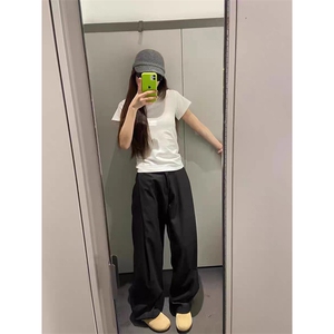 春秋美式高街休闲裤男女垂感阔腿西裤长裤纯色西装裤宽松直筒裤子图片
