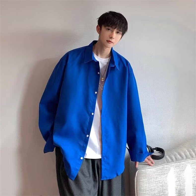 现货青少年纯色蓝色衬衫男长袖上衣夏季薄款痞帅潮短袖新款潮流春,男装T恤,星座218-1（原230）