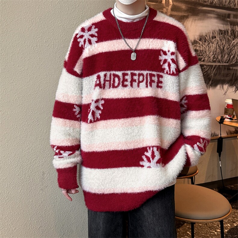 美式复古条纹圆领毛衣男冬季潮牌ins加厚情侣装针织衫M1698-P65，男装针织衫/毛衣，星座512-4