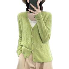 2025早秋新款V领100%纯羊毛衫女镂空针织长袖毛衣羊绒衫宽松上衣，女装羊毛衫，邓利维