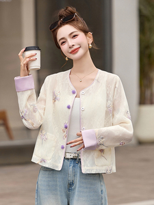 2025春夏季新款紫色薄款刺绣网纱蕾丝防晒衣女新中式国风短款外套图片