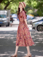 复古印花亚麻短袖连衣裙女2025夏季抽绳收腰显瘦显瘦休闲棉麻裙子，女装连衣裙，魅影