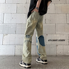 B221美式ins高街暗黑小众撞色破洞直筒牛仔裤LK23109-P65控88，男装牛仔裤，电商B221