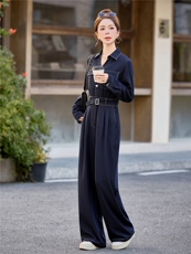 （新款现货）2026春装时尚高级显瘦天丝牛仔V领腰带阔腿连体裤，女装连体裤，印象茜