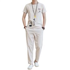 男士短袖棉麻套装男韩版休闲风刺绣夏季两件套唐装TZ023，男装T恤，星座509