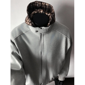 【有货】8912CC-特P85 假两件格子连帽开衫卫衣男加厚毛呢外套图片