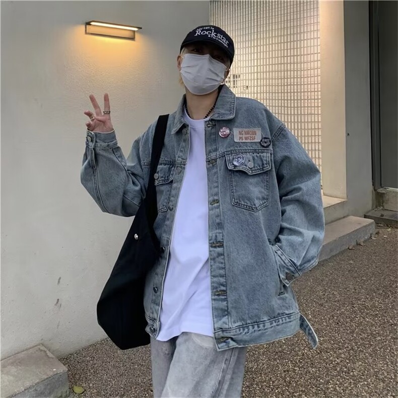 复古水洗做旧徽章牛仔外套宽松男秋高街小众设计感百搭N1208-P60,男装工装外套,星座1109-3