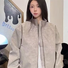 W11103-P75网图现货新款双拉链立领纯色休闲夹克外套松弛感百搭，男装夹克，星座1608