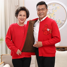 新春马年中老年情侣小马装加绒加厚开衫针织外套喜庆红色，女装针织衫/毛衣，亚东羊绒制品