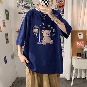 YT26194-P30 亚麻短袖t恤男大码五分袖男宽松七分袖 海报风图片