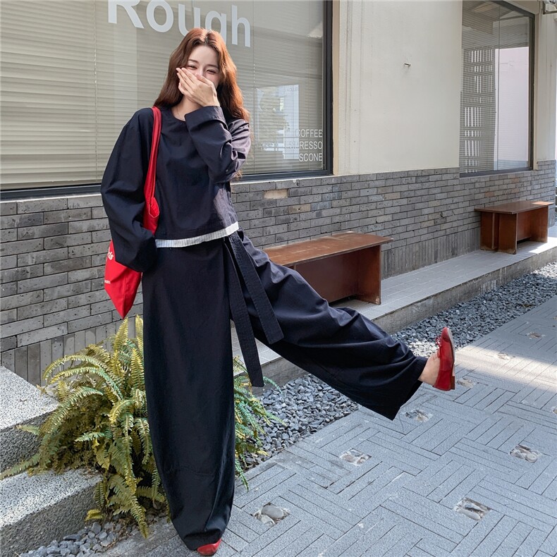 条纹下摆拼上衣腰部飘带弯刀裤两件套2C239-H95-P180-K288,女装套装/套裙,2C239