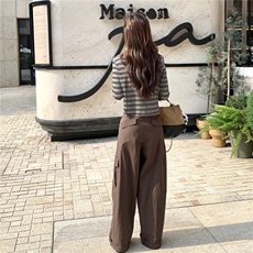 设计感韩版休闲运动套装女春秋美式复古条纹开衫阔腿裤三件套潮，女装套装/套裙，维壹
