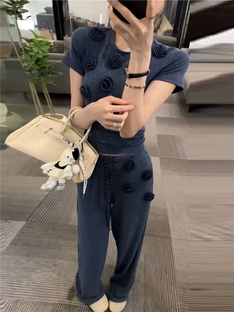 盐系高级感时尚气质套装女春新款圆领立体花朵上衣阔腿长裤两件套,女装套装/套裙,江南