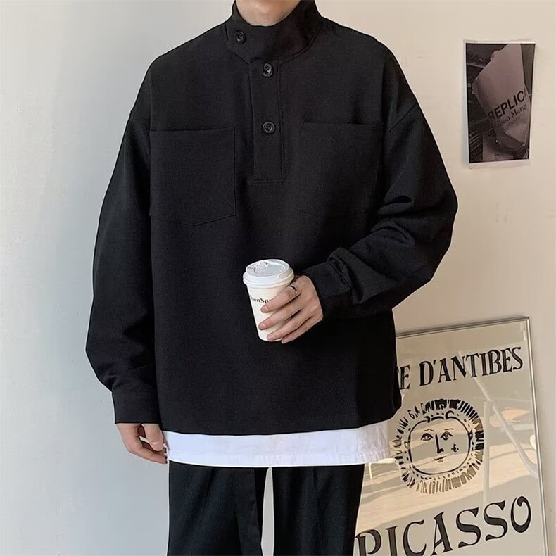 688-P32春季立领男长袖个性简约系扣设计感韩版套头工装衬衣,男装T恤,电商B323A