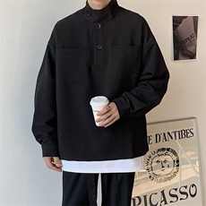 688-P32春季立领男长袖个性简约系扣设计感韩版套头工装衬衣，男装T恤，电商B323A