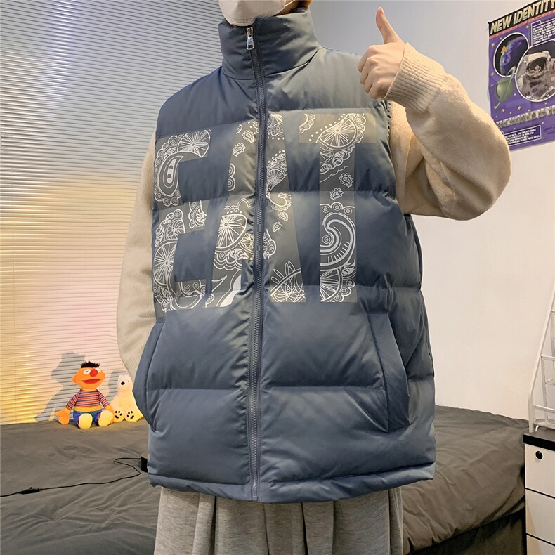 2026秋冬宽松立领印花羽绒棉马甲背心手塞棉MJ17500/P75蓝色2,男装背心/马甲,电商A094