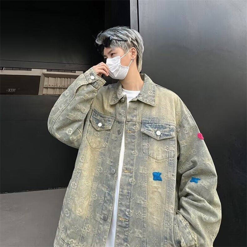 黄泥色牛仔外套男春季做旧夹克美式hiphop复古潮牌上衣W6286-P76,男装工装外套,星座412-2