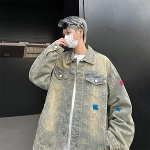 黄泥色牛仔外套男春季做旧夹克美式hiphop复古潮牌上衣W6286-P76