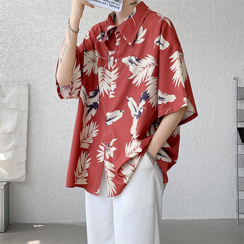 8XL-M夏威夷特大码冰丝垂感衬衫男度假风短袖复古花衬衣CS511P50,男装衬衫,电商D206-1