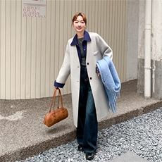 韩系假两件翻领撞色拼接双面呢羊毛大衣女秋冬2025新款高级感外套，女装毛呢外套，2B156