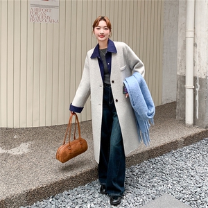 韩系假两件翻领撞色拼接双面呢羊毛大衣女秋冬2025新款高级感外套图片